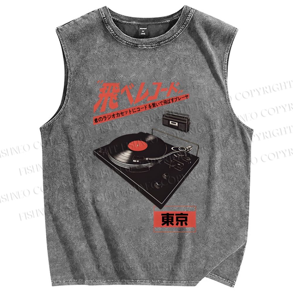 Unisex Retro Japanese Tokyo Music Printed Washed Tank Top