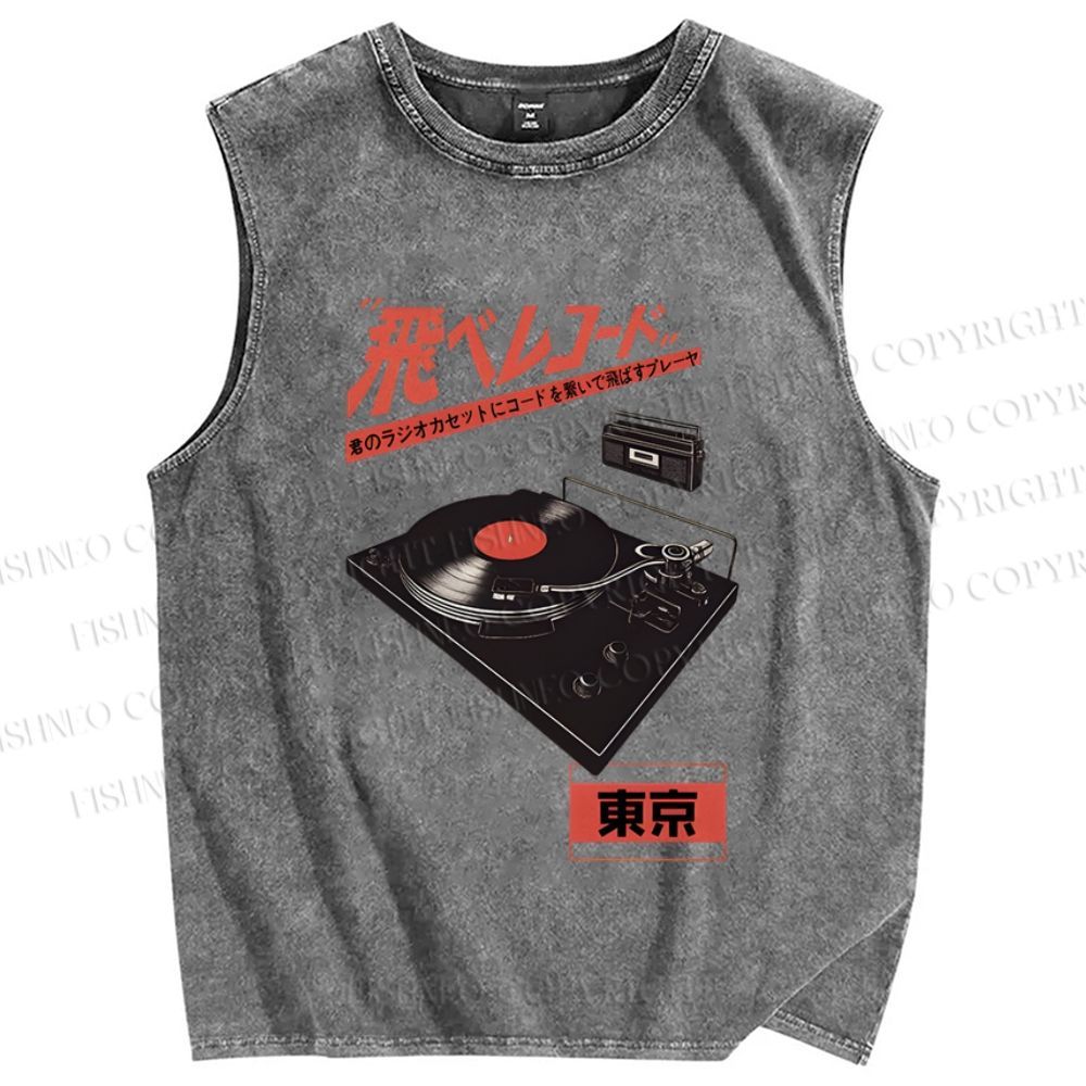 Unisex Retro Japanese Tokyo Music Printed Washed Tank Top