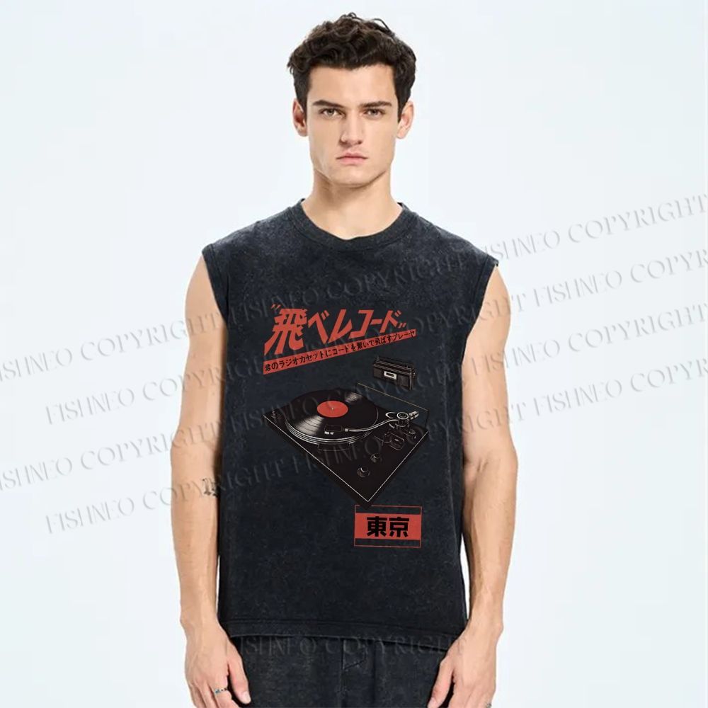 Unisex Retro Japanese Tokyo Music Printed Washed Tank Top
