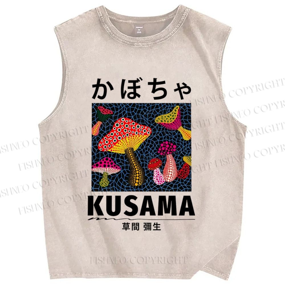 Unisex Yayoi Kusama Mushrooms Printed Washed Tank Top