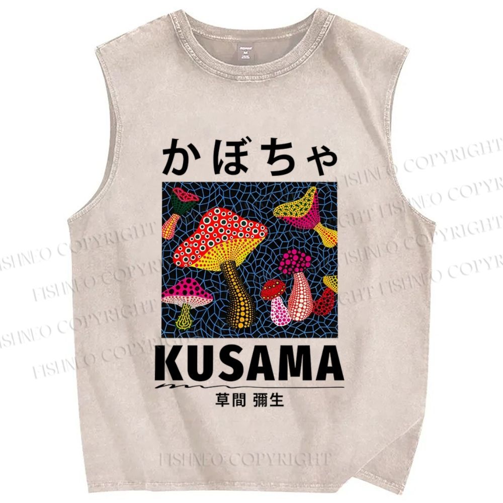 Unisex Yayoi Kusama Mushrooms Printed Washed Tank Top