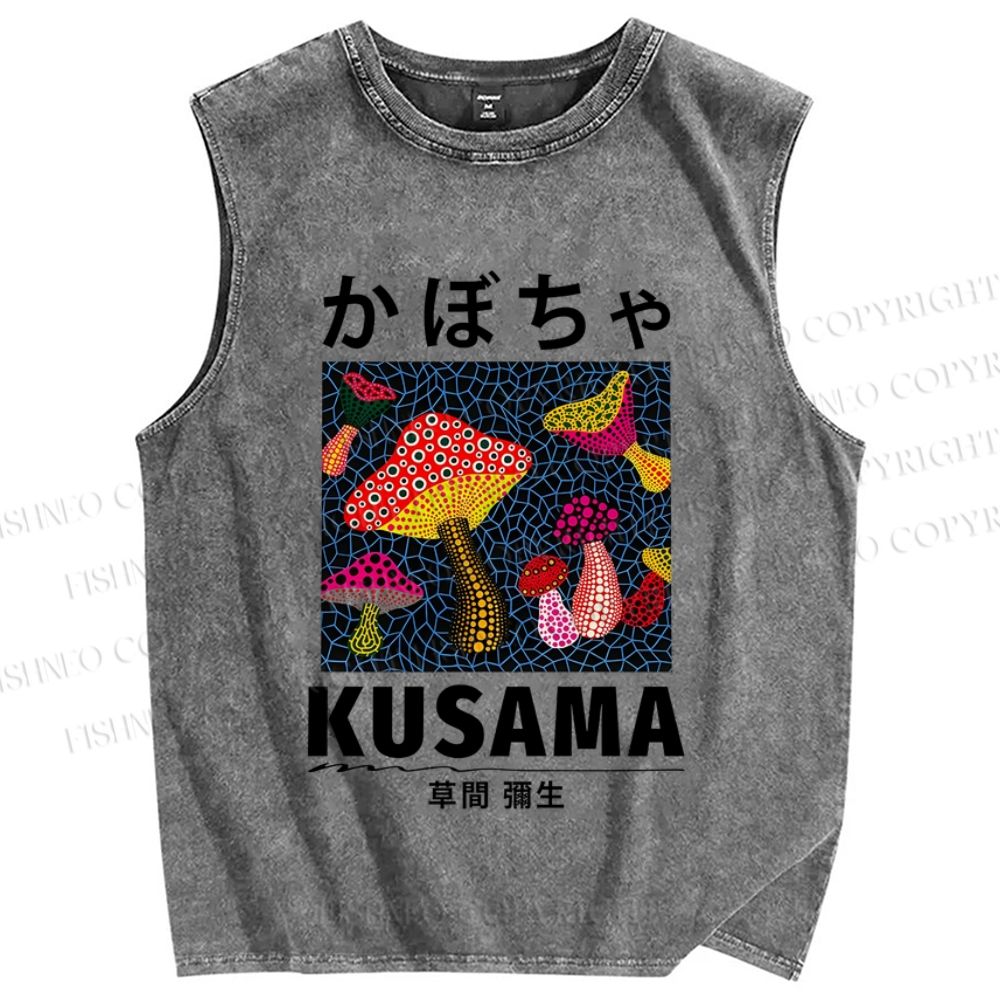 Unisex Yayoi Kusama Mushrooms Printed Washed Tank Top