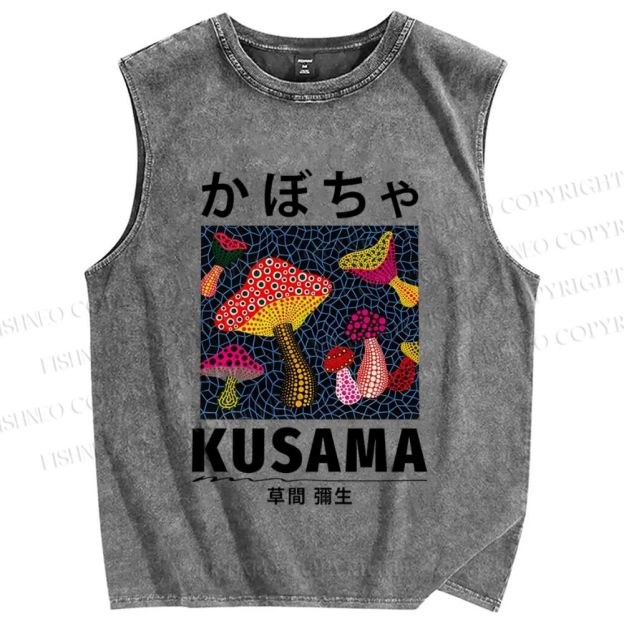 Unisex Yayoi Kusama Mushrooms Printed Washed Tank Top