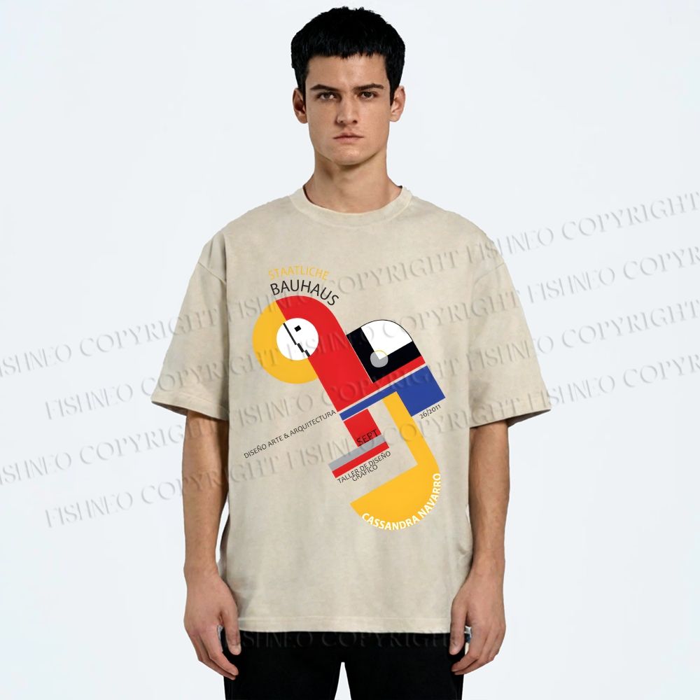Unisex Bauhaus Geometric Design Printed Washed Tee