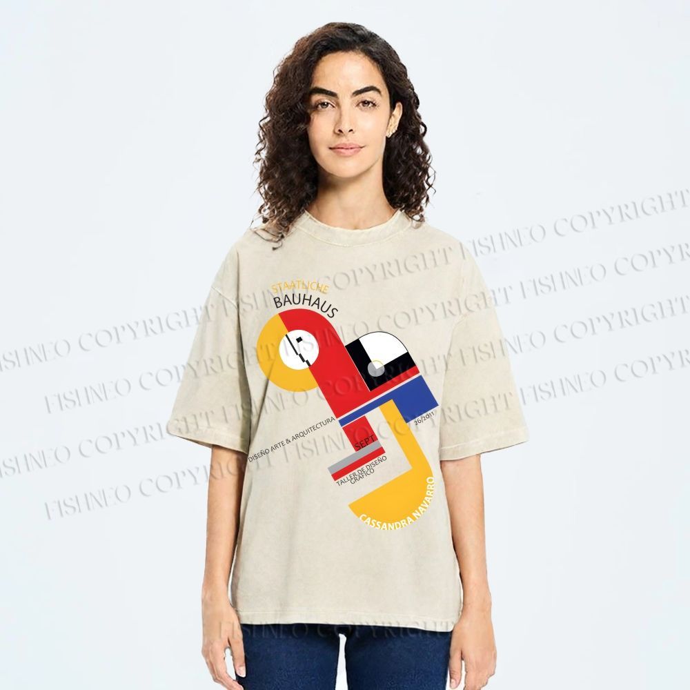 Unisex Bauhaus Geometric Design Printed Washed Tee