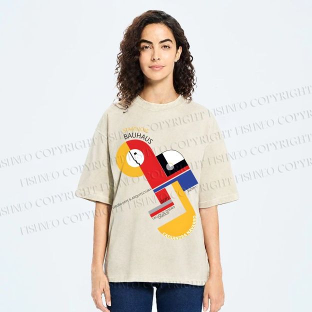 Unisex Bauhaus Geometric Design Printed Washed Tee