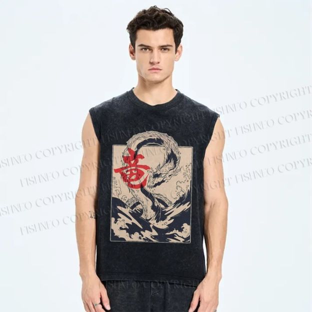 Japanese Dragon Vintage Distressed Washed Tank Top