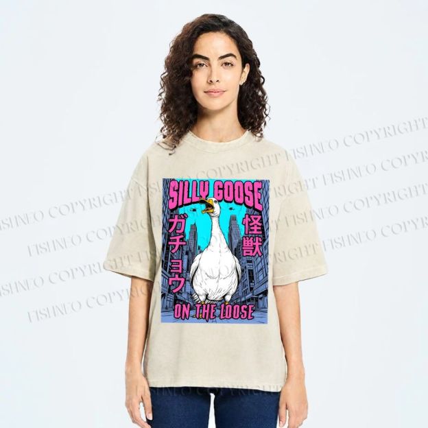 Unisex Silly Goose On The Loose Funny Monster Printed Washed Tee