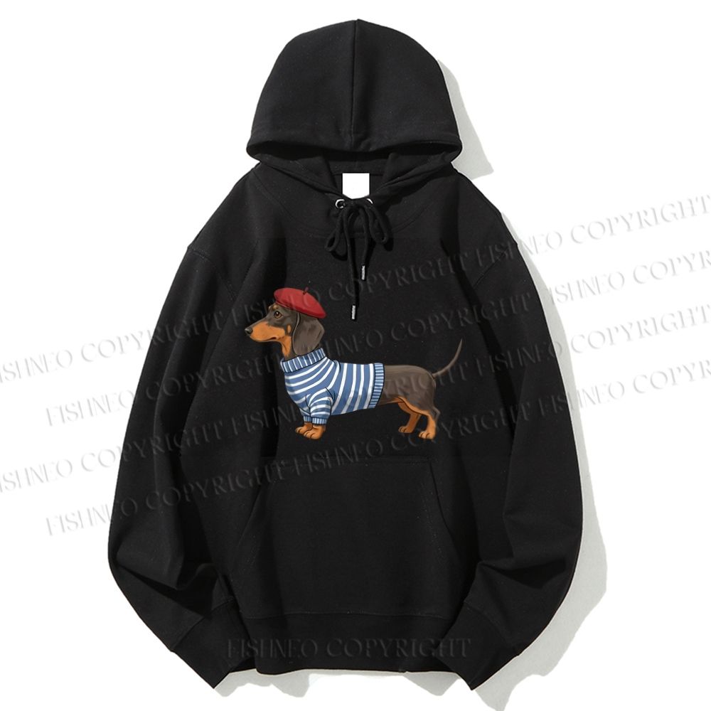 Unisex Casual Cotton Dachshund Wearing Striped Sweater Printed Hoodie