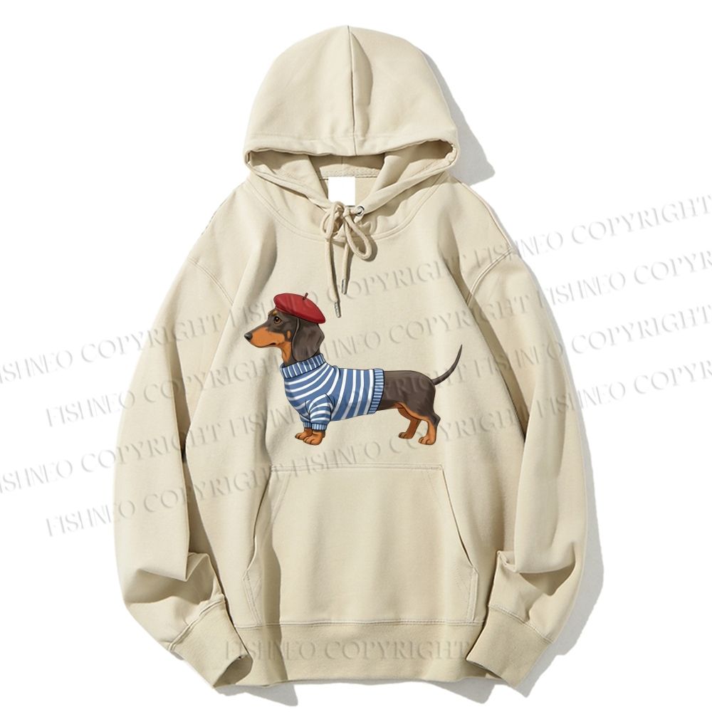Unisex Casual Cotton Dachshund Wearing Striped Sweater Printed Hoodie