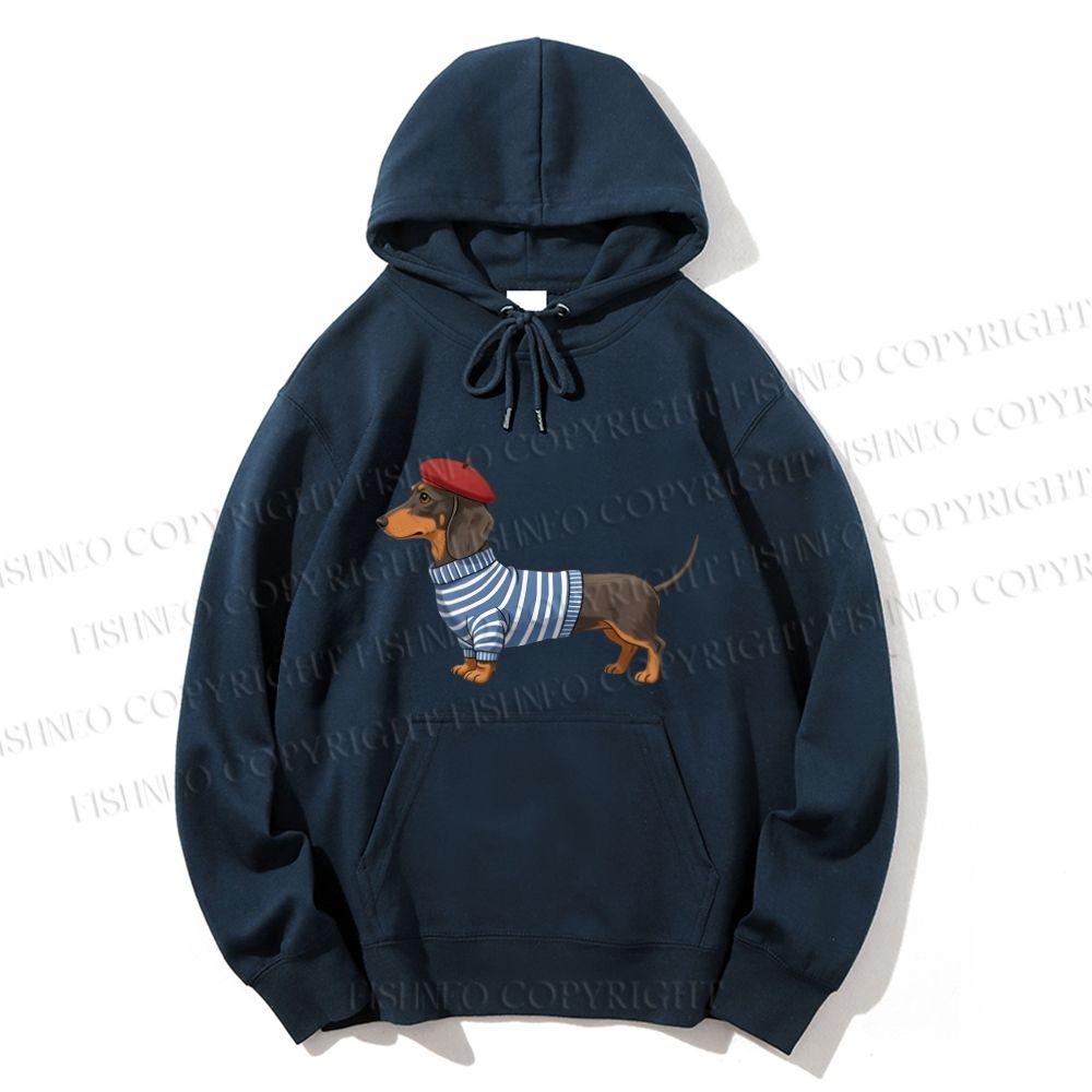 Unisex Casual Cotton Dachshund Wearing Striped Sweater Printed Hoodie
