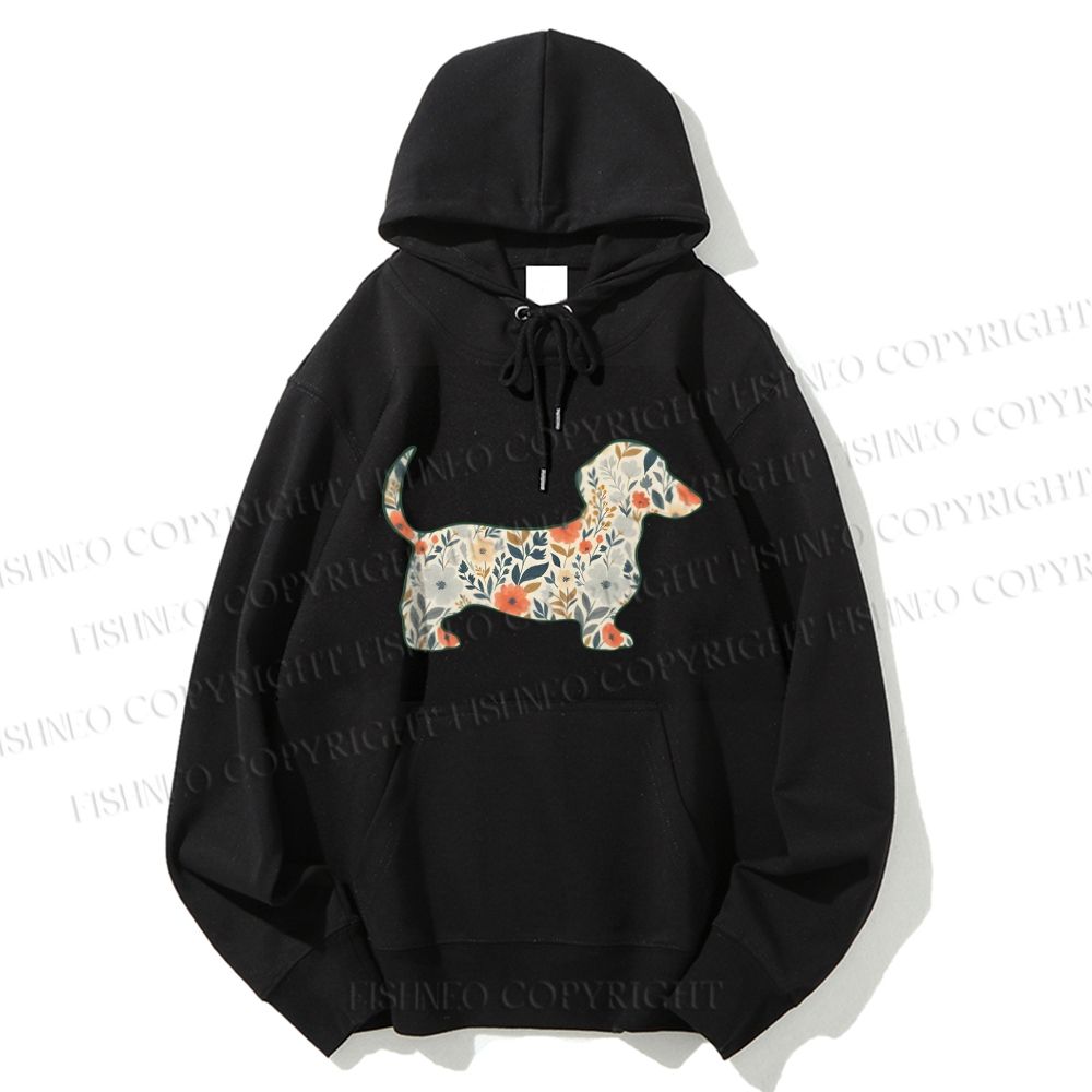Unisex Casual Cotton Floral Dachshund Printed Hoodie