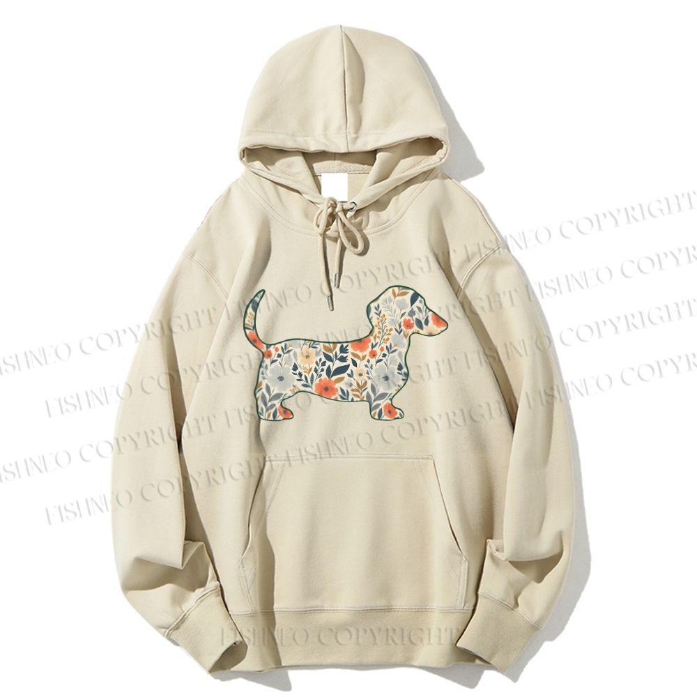 Unisex Casual Cotton Floral Dachshund Printed Hoodie