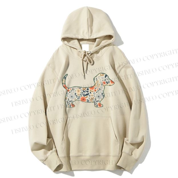 Unisex Casual Cotton Floral Dachshund Printed Hoodie