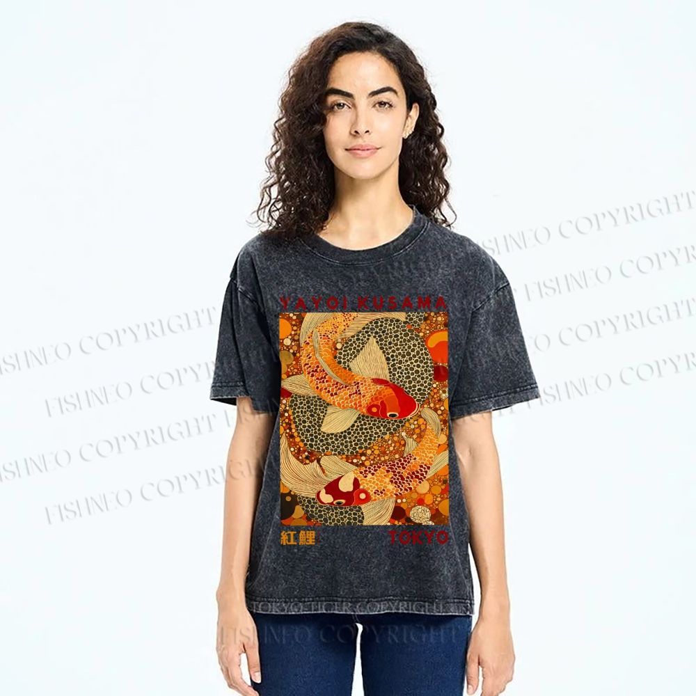 Unisex Yayoi Kusama Japanese Koi Fish Printed Washed Tee