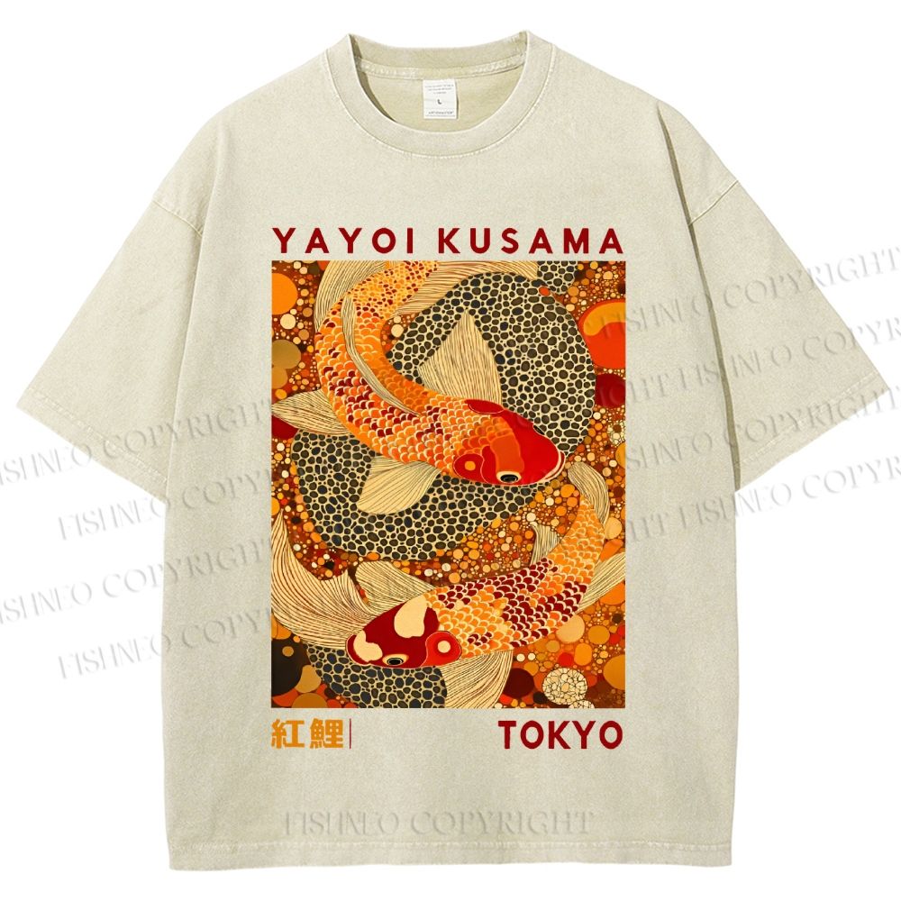 Unisex Yayoi Kusama Japanese Koi Fish Printed Washed Tee