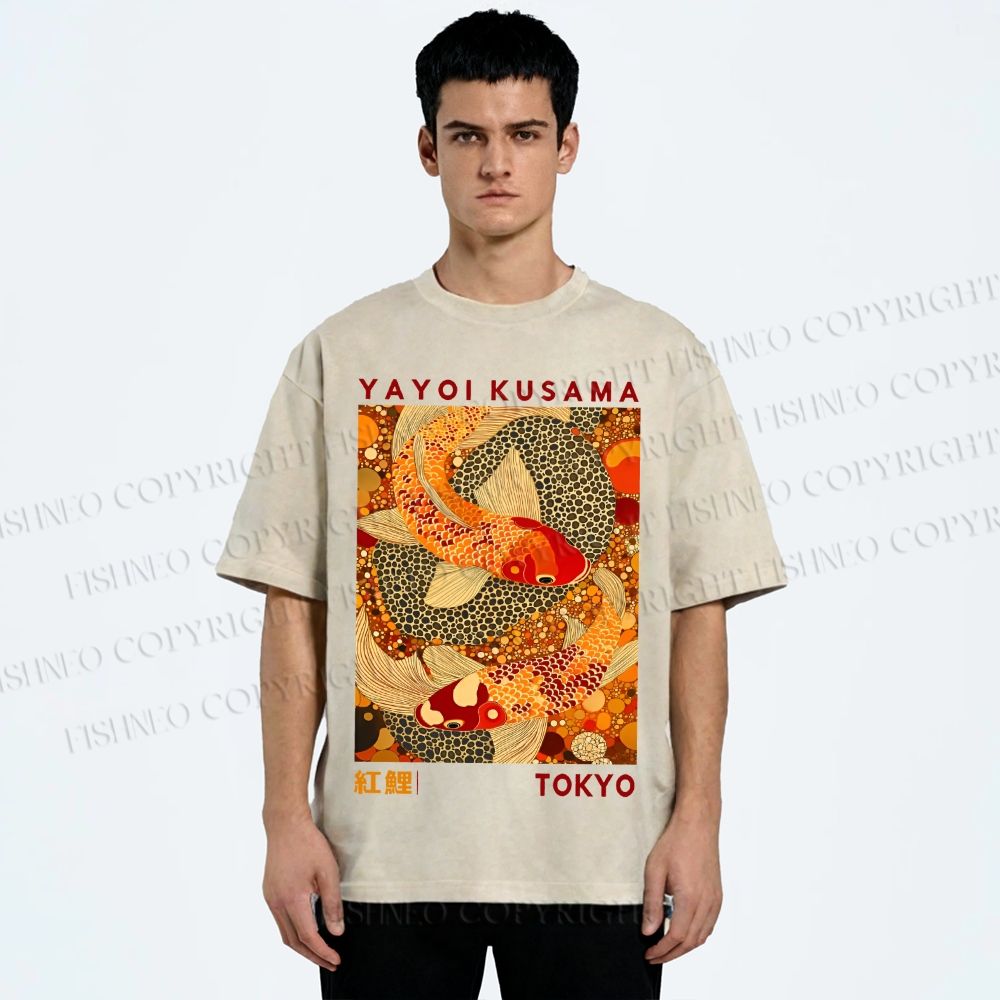 Unisex Yayoi Kusama Japanese Koi Fish Printed Washed Tee
