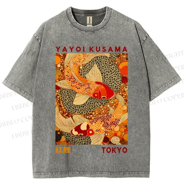 Unisex Yayoi Kusama Japanese Koi Fish Printed Washed Tee