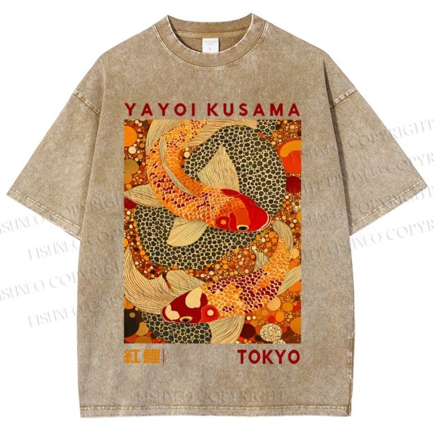 Unisex Yayoi Kusama Japanese Koi Fish Printed Washed Tee