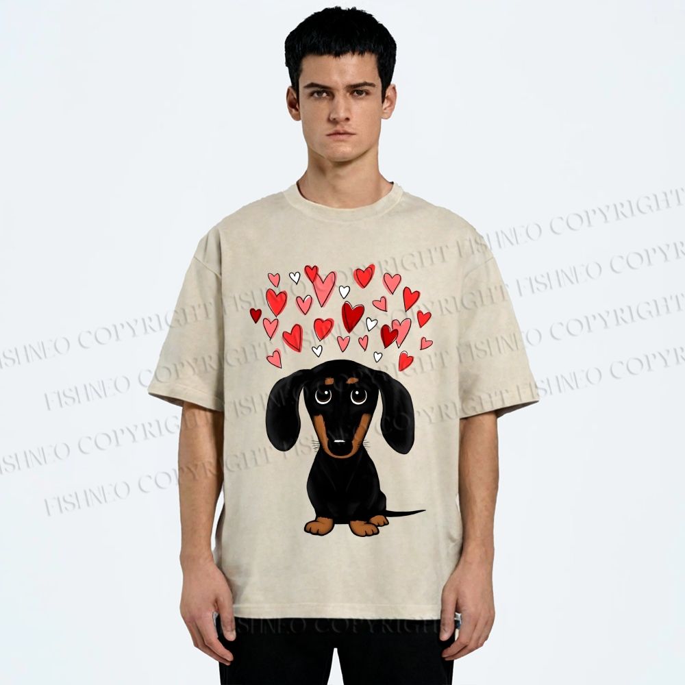 Unisex Valentine's Day Heart Dog Printed Washed Tee