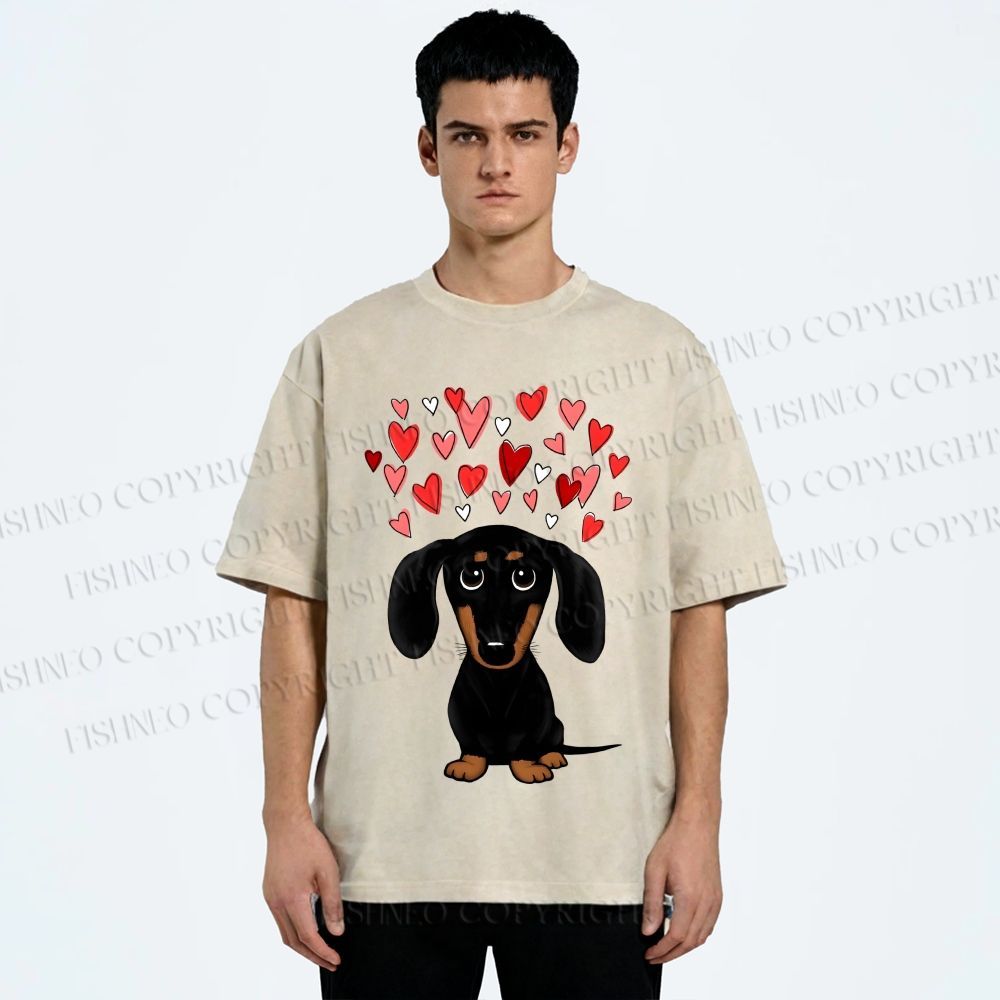 Unisex Valentine's Day Heart Dog Printed Washed Tee