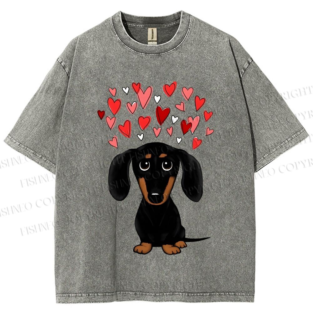 Unisex Valentine's Day Heart Dog Printed Washed Tee