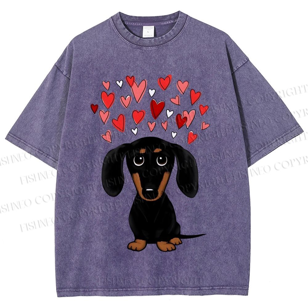 Unisex Valentine's Day Heart Dog Printed Washed Tee
