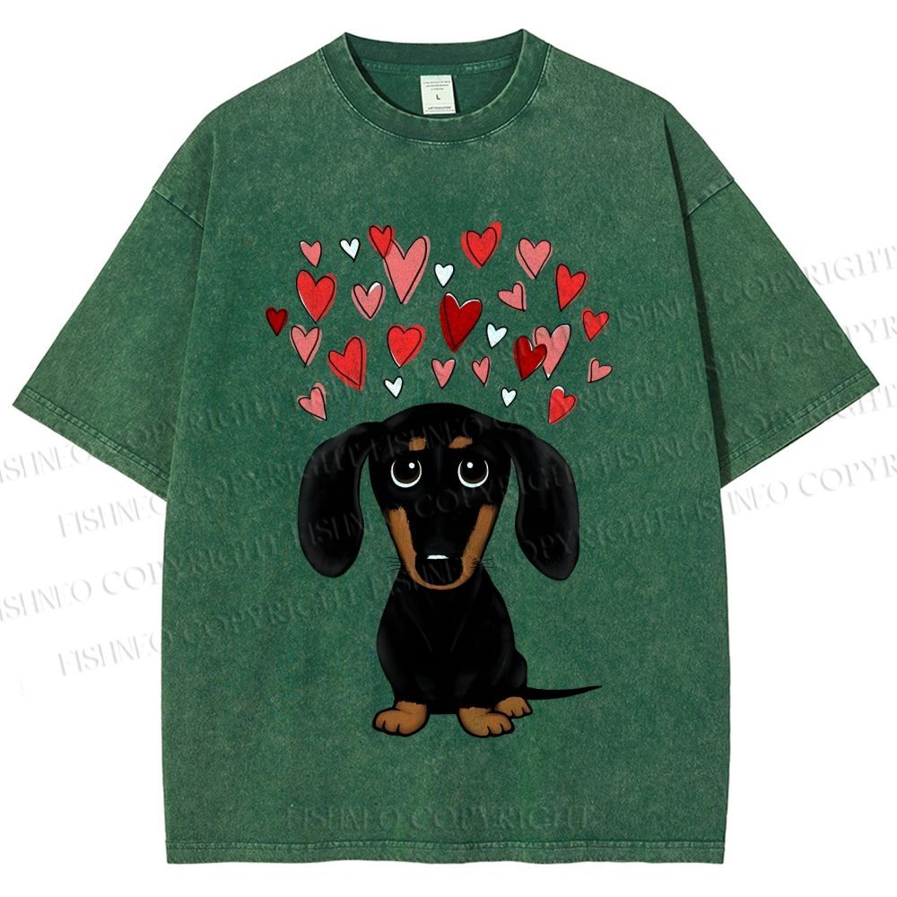Unisex Valentine's Day Heart Dog Printed Washed Tee