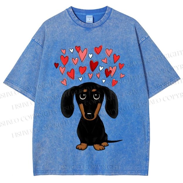 Unisex Valentine's Day Heart Dog Printed Washed Tee