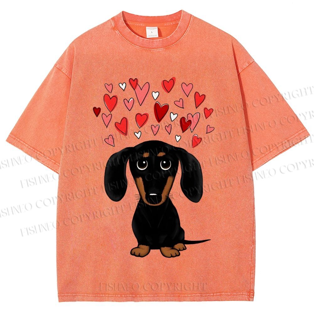 Unisex Valentine's Day Heart Dog Printed Washed Tee