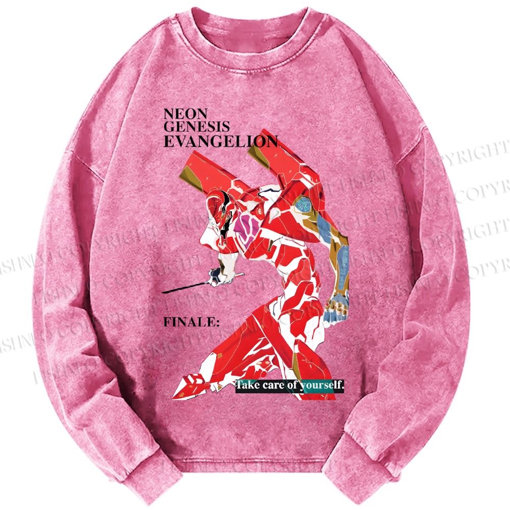Unisex Casual Washed Neon Genesis Evangelion Printed Long Sleeve T-shirt