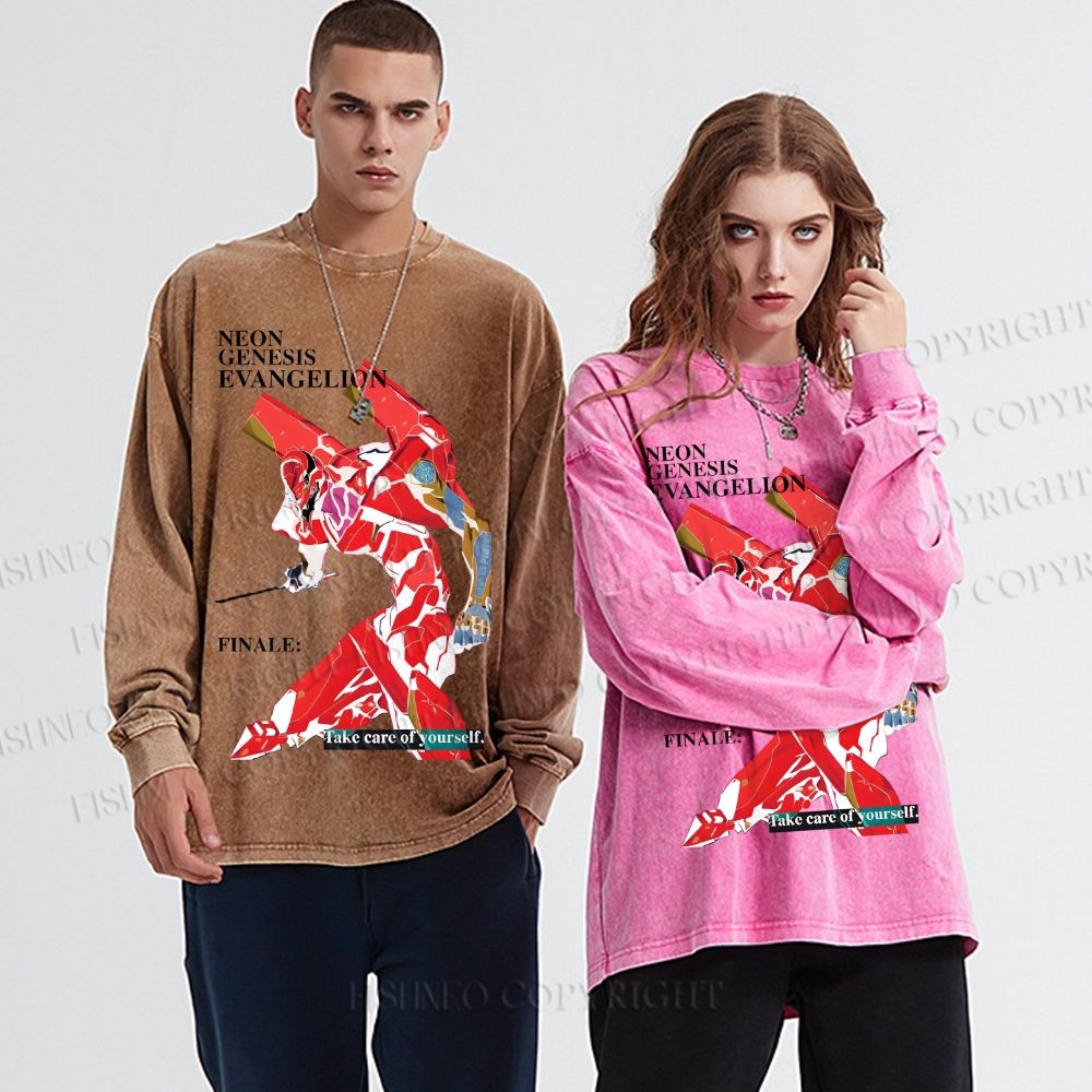 Unisex Casual Washed Neon Genesis Evangelion Printed Long Sleeve T-shirt