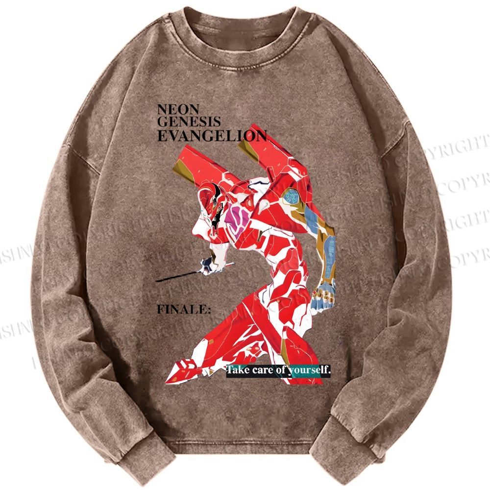 Unisex Casual Washed Neon Genesis Evangelion Printed Long Sleeve T-shirt