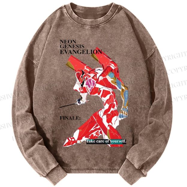 Unisex Casual Washed Neon Genesis Evangelion Printed Long Sleeve T-shirt