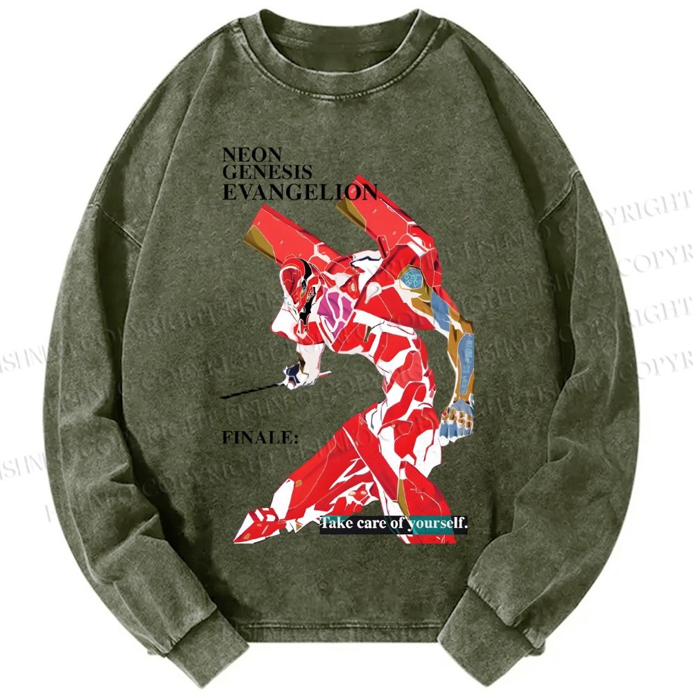 Unisex Casual Washed Neon Genesis Evangelion Printed Long Sleeve T-shirt