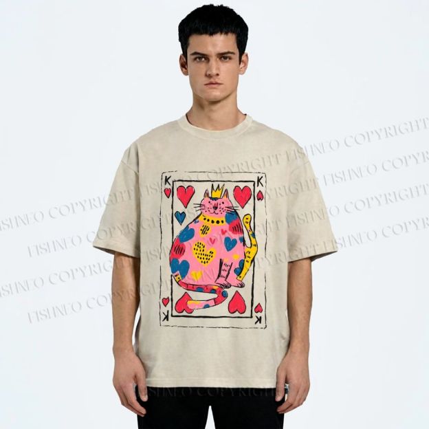 Unisex Valentine's Day Heart Cat Printed Washed Tee