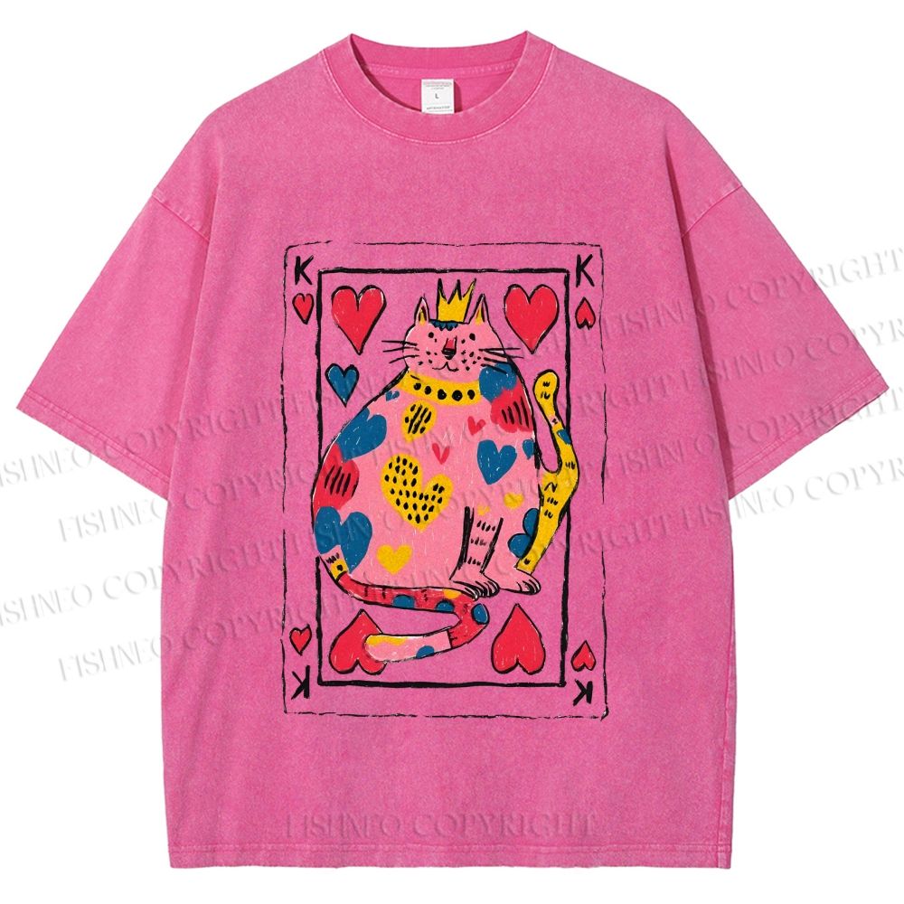 Unisex Valentine's Day Heart Cat Printed Washed Tee