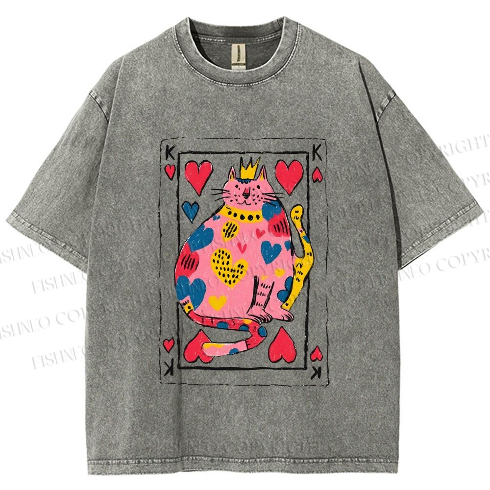 Unisex Valentine's Day Heart Cat Printed Washed Tee