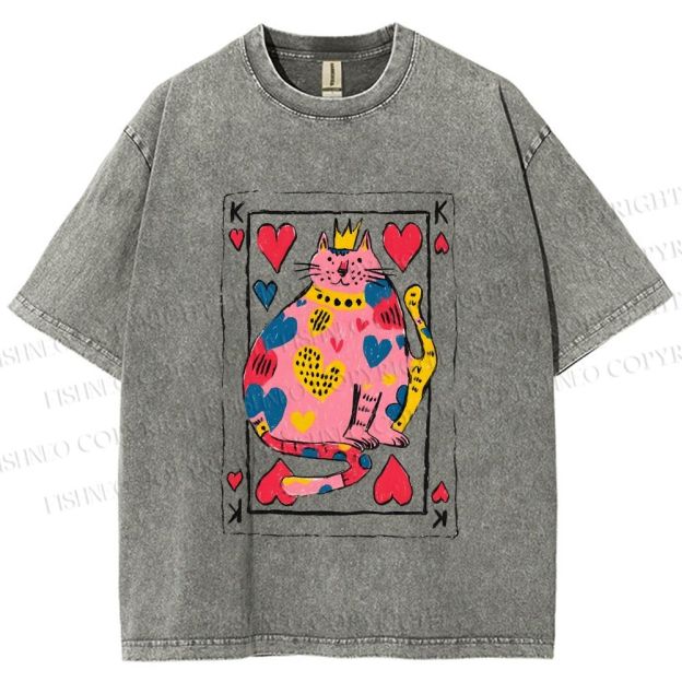 Unisex Valentine's Day Heart Cat Printed Washed Tee