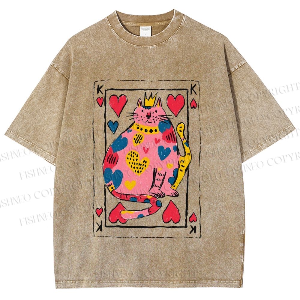 Unisex Valentine's Day Heart Cat Printed Washed Tee