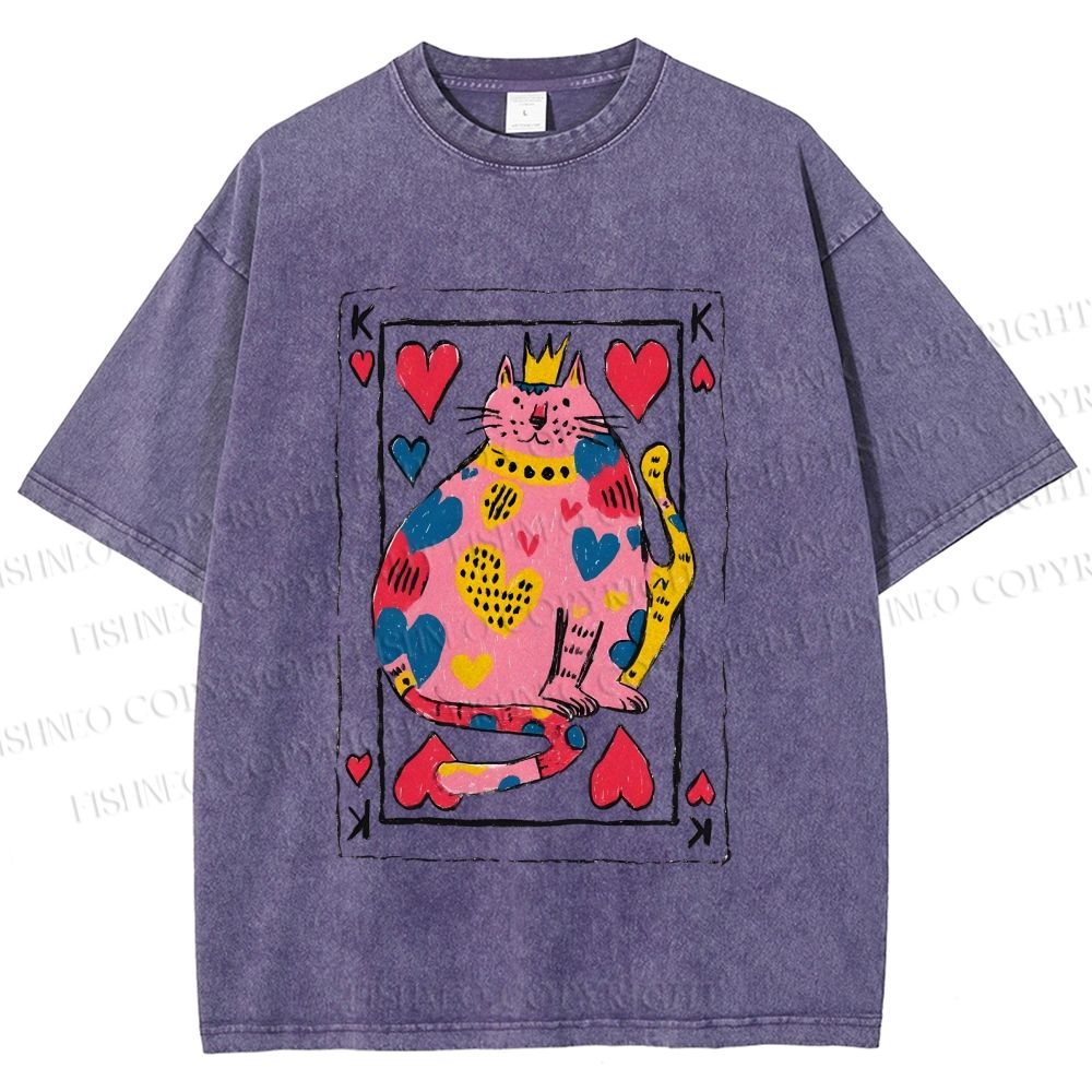 Unisex Valentine's Day Heart Cat Printed Washed Tee