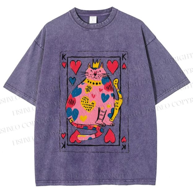 Unisex Valentine's Day Heart Cat Printed Washed Tee