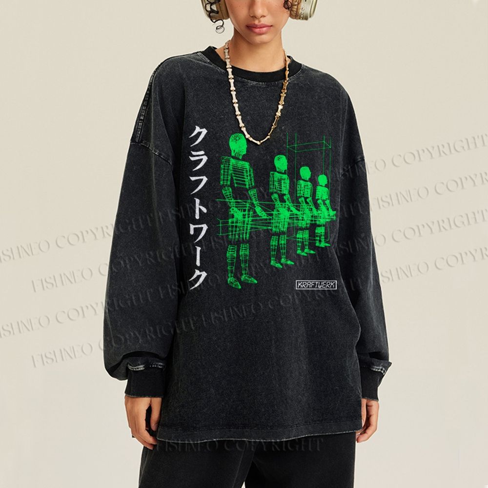 Unisex Casual Washed Kraftwerk Band Japanese Style Printed Long Sleeve T-shirt