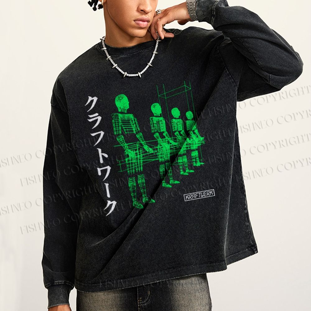 Unisex Casual Washed Kraftwerk Band Japanese Style Printed Long Sleeve T-shirt