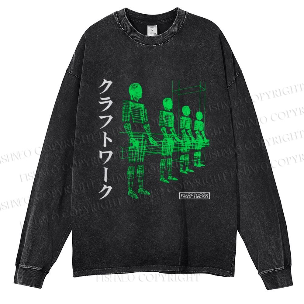 Unisex Casual Washed Kraftwerk Band Japanese Style Printed Long Sleeve T-shirt