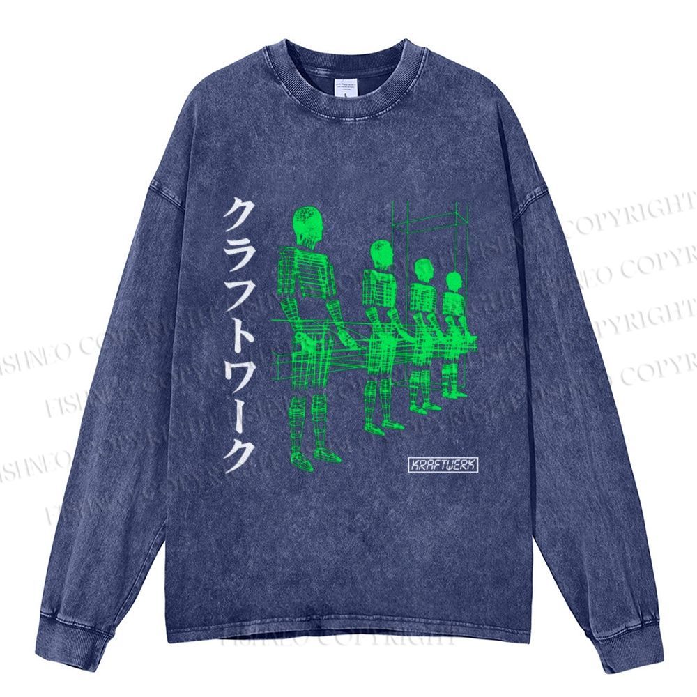 Unisex Casual Washed Kraftwerk Band Japanese Style Printed Long Sleeve T-shirt