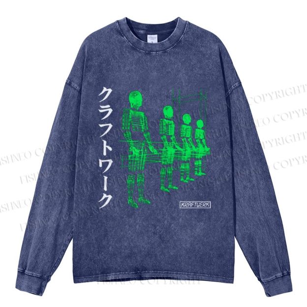 Unisex Casual Washed Kraftwerk Band Japanese Style Printed Long Sleeve T-shirt