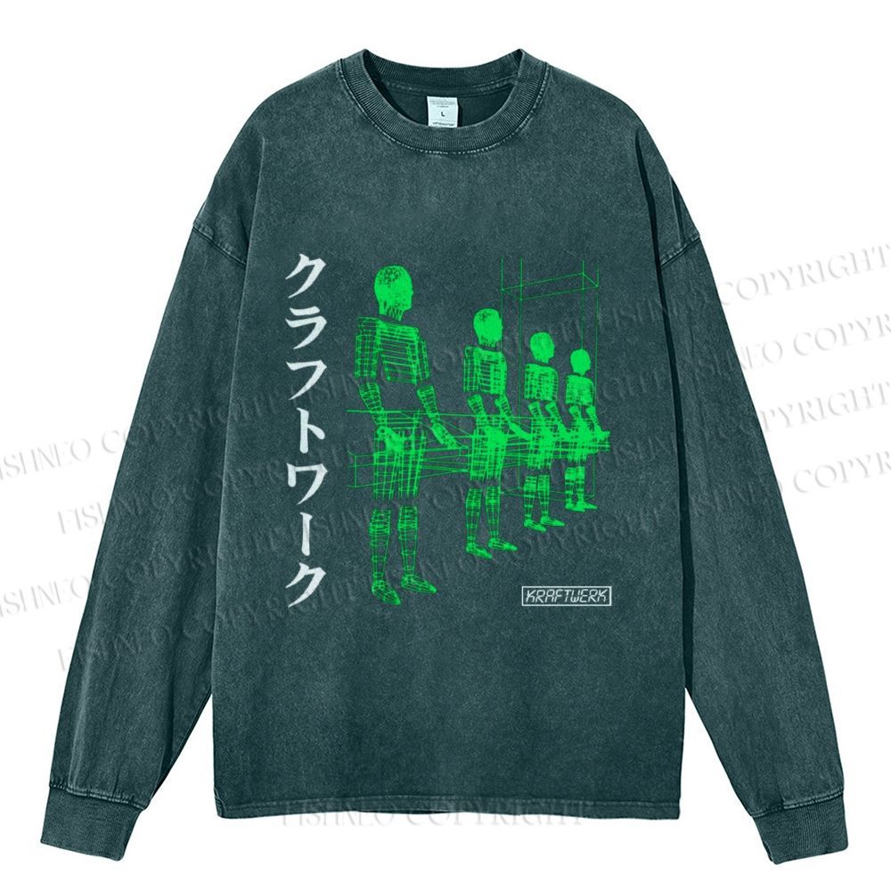 Unisex Casual Washed Kraftwerk Band Japanese Style Printed Long Sleeve T-shirt