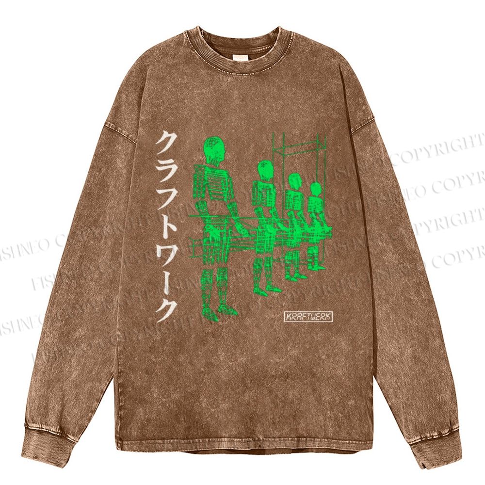 Unisex Casual Washed Kraftwerk Band Japanese Style Printed Long Sleeve T-shirt