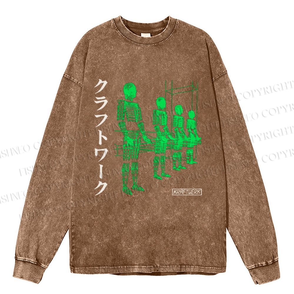 Unisex Casual Washed Kraftwerk Band Japanese Style Printed Long Sleeve T-shirt